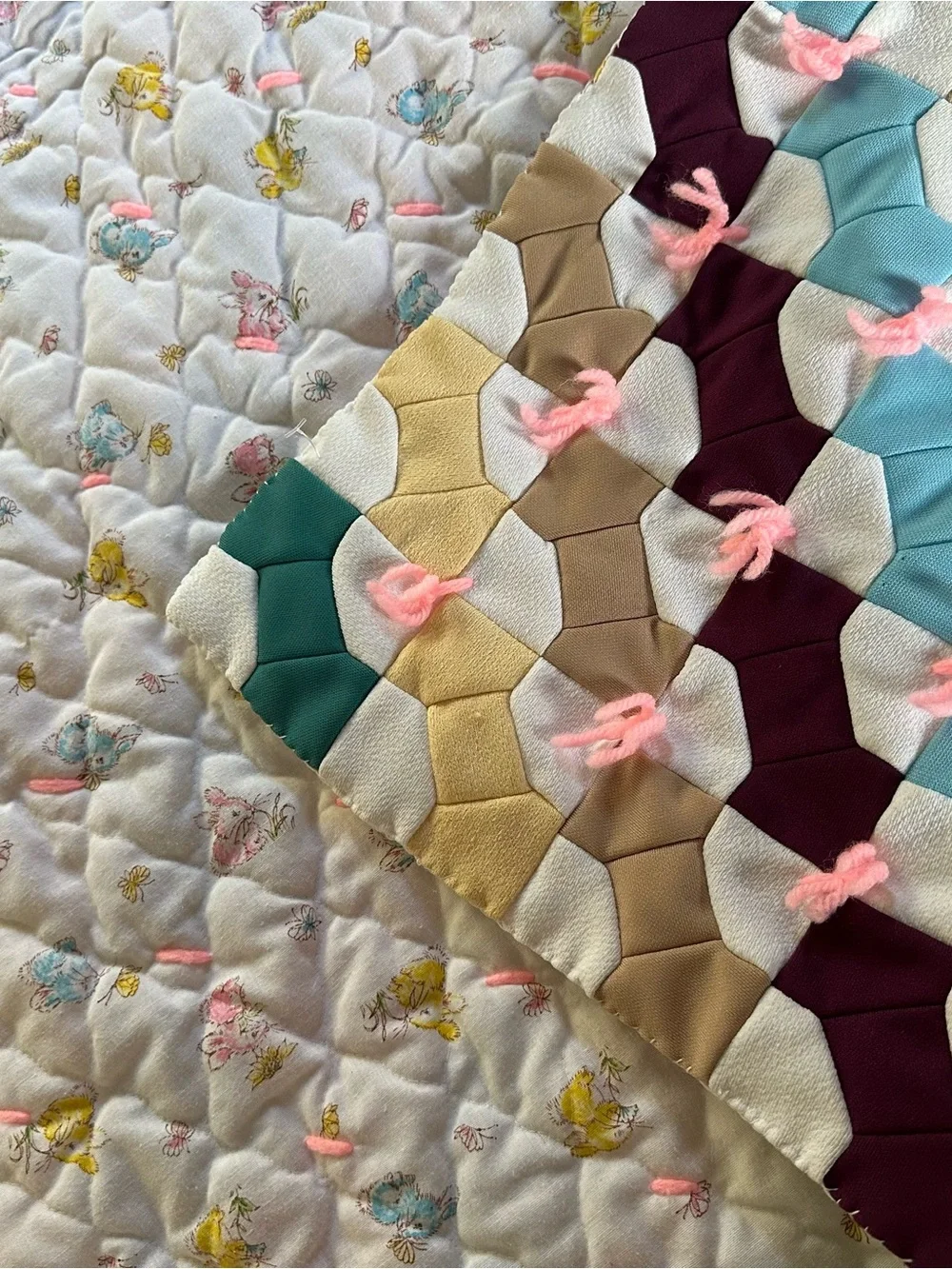 Vintage 1970s Baby Crib Quilt Double Knit Bow Tie Hand Tied Rainbow Kitten Back